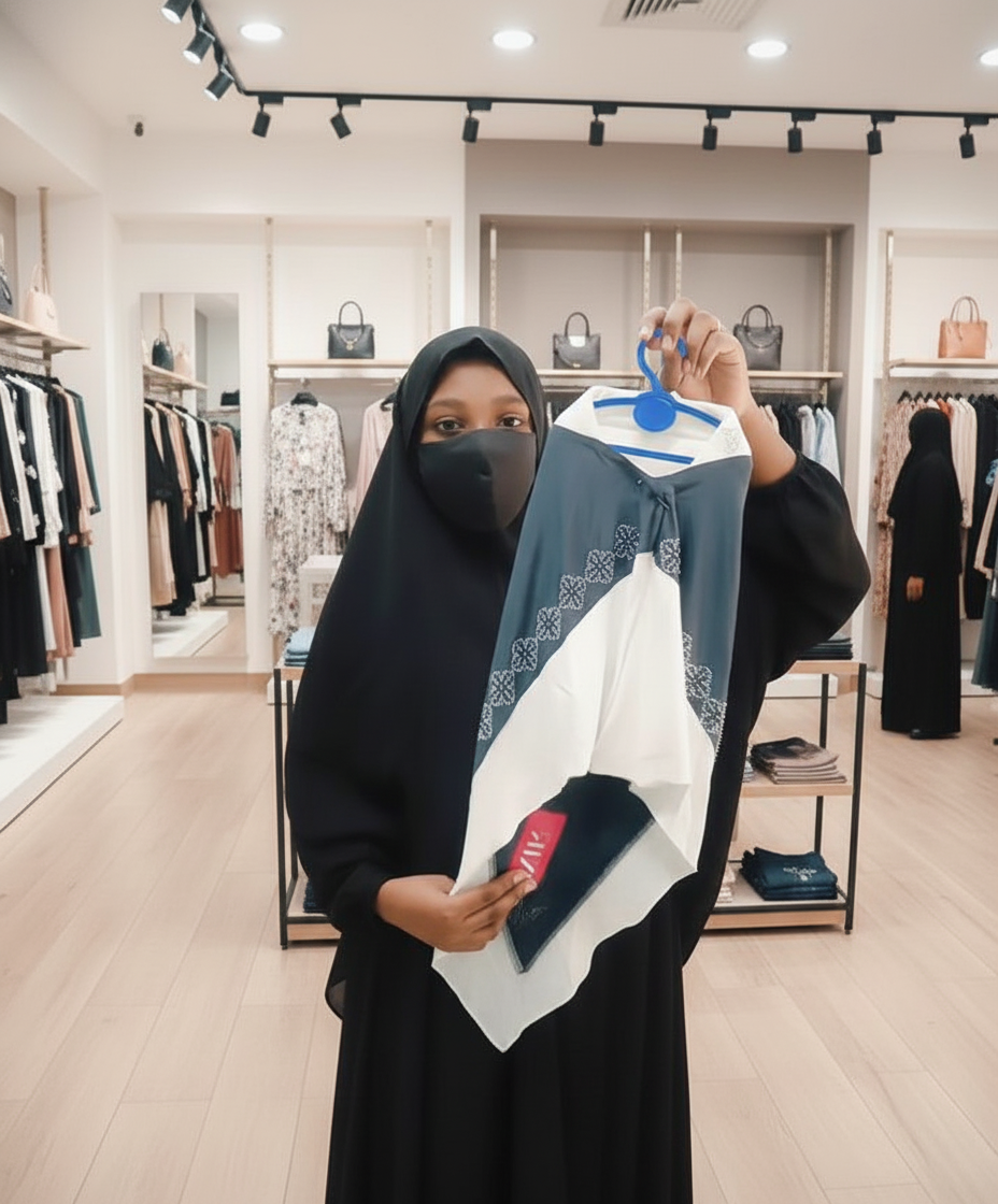 Woman holding a patterned scarf in a clothing store