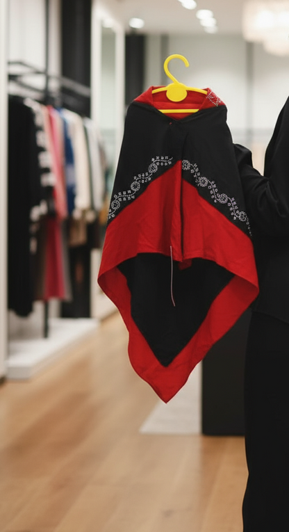 Black and red patterned fabric on a hanger with a blurred clothing store background