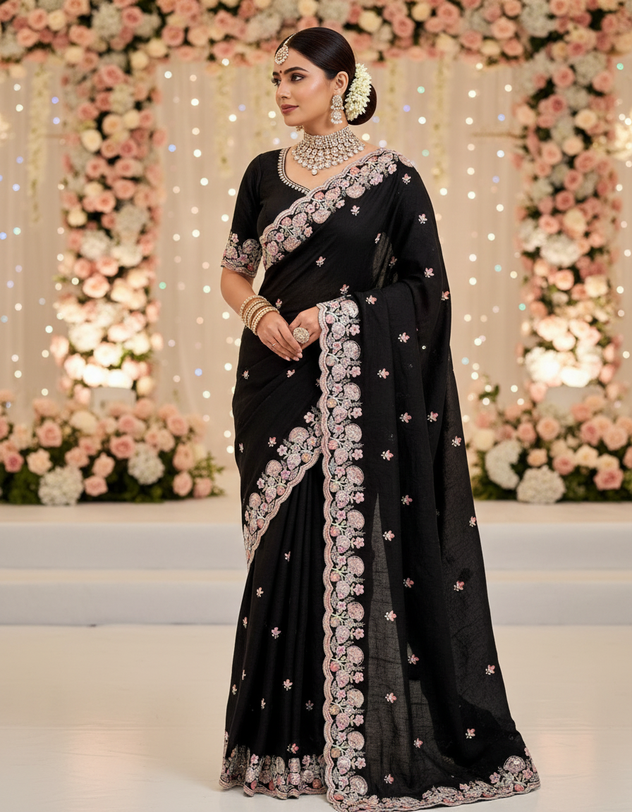 Woman in a black saree with white embroidery against a floral decorated backdrop-Multicolor 4m sequin embroidery saree with soft lightweight fabric