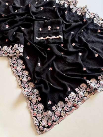 Black fabric with intricate floral embroidery on a light background-Multicolor 4m sequin embroidery saree with soft lightweight fabric