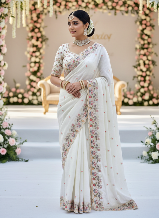 Woman in a white saree with floral patterns at an event with floral decorations-Multicolor 4m sequin embroidery saree with soft lightweight fabric