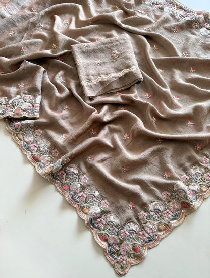 Brown fabric with floral embroidery on a white background-Premium designer sequin saree in crush silk with embroidery blouse
