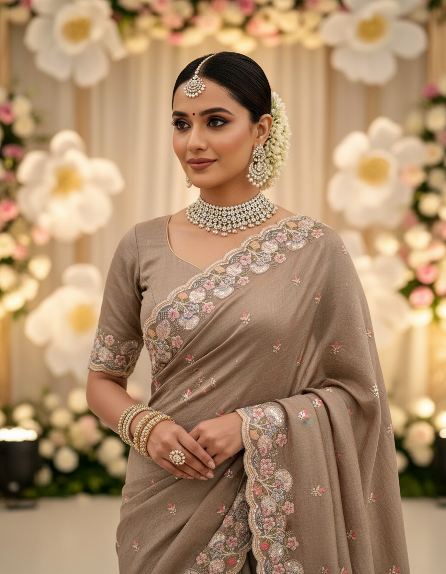 Woman in a traditional saree with floral decorations against a decorated -Premium designer sequin saree in crush silk with embroidery blousebackdrop