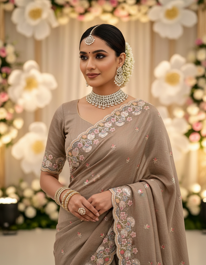 Woman in a traditional saree with floral decorations against a decorated -Premium designer sequin saree in crush silk with embroidery blousebackdrop