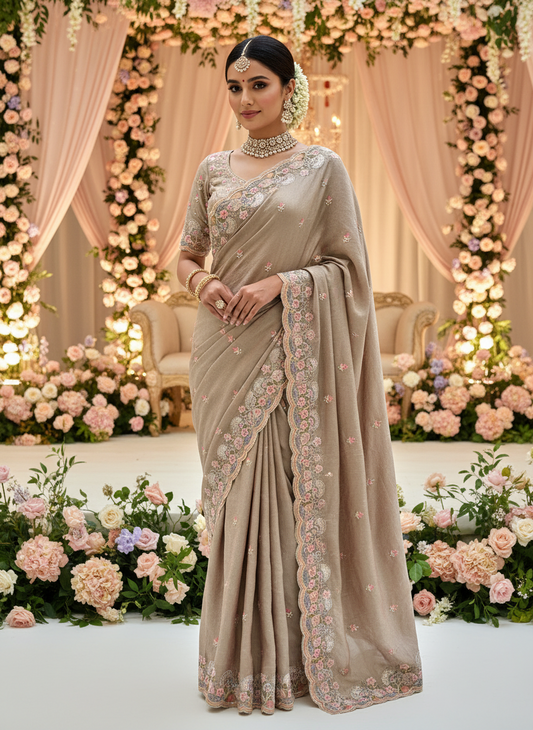 Woman in a beige saree with floral decorations in the background-Premium designer sequin saree in crush silk with embroidery blouse