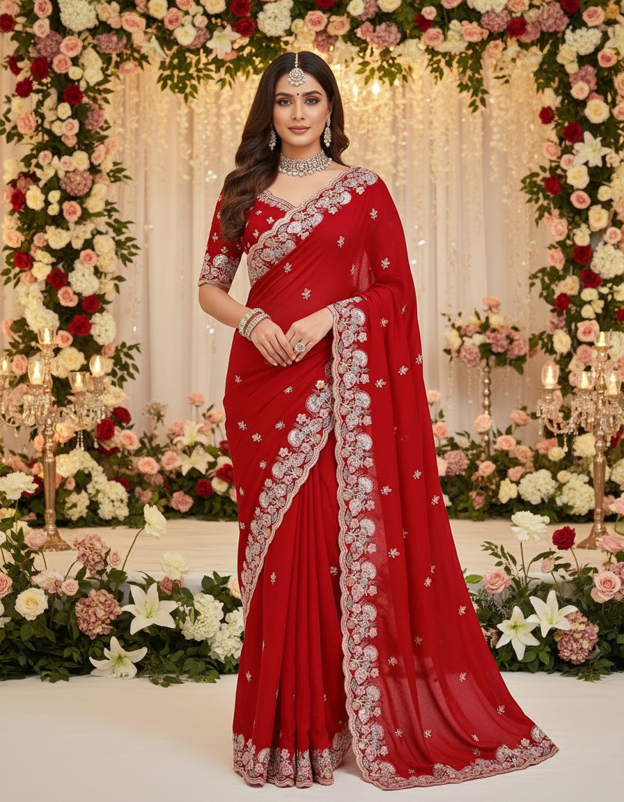 Soft crush silk saree with multicolor sequin embroidery-Woman in a red saree with white embroidery standing in front of floral decorations.