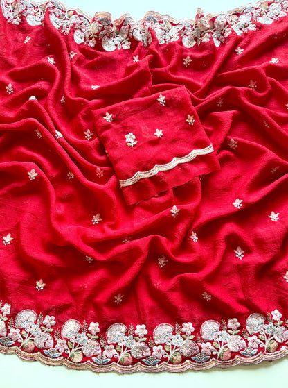 Red fabric with intricate white embroidery on a white background-Soft crush silk saree with multicolor sequin embroidery