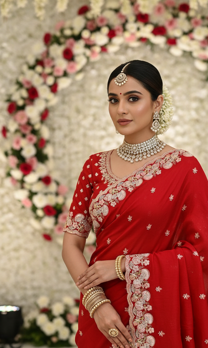 Woman in a red saree with floral decorations in the background-Soft crush silk saree with multicolor sequin embroidery