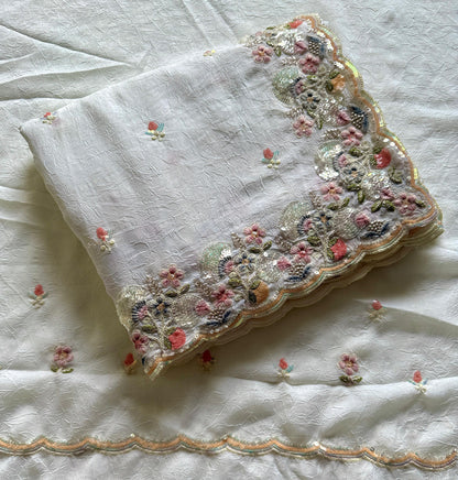 Embroidered fabric with floral patterns on a white background-Multicolor 4m sequin embroidery saree with soft lightweight fabric