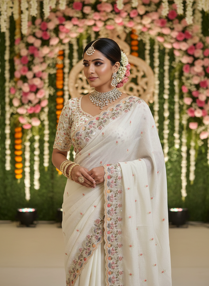 Woman in a white saree with floral patterns against a decorated backdrop-Multicolor 4m sequin embroidery saree with soft lightweight fabric