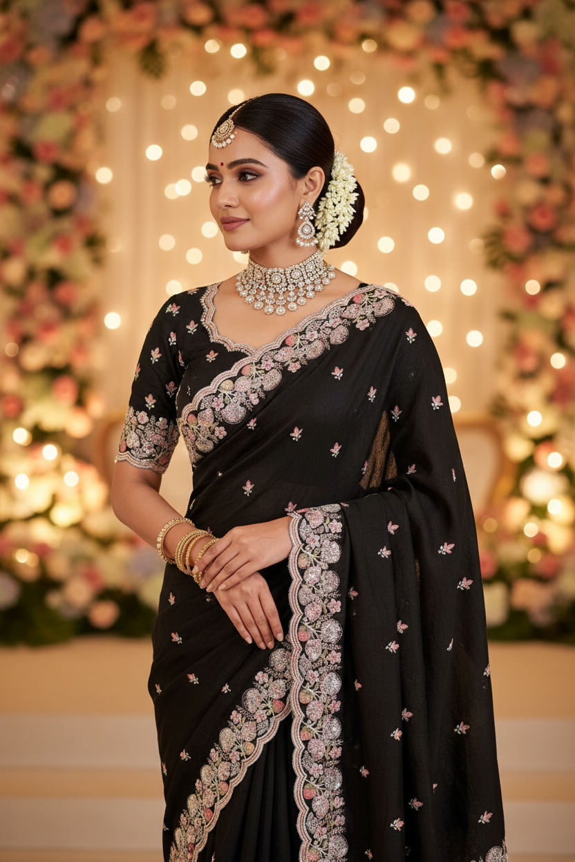 Woman in a black saree with white patterns against a decorated background-premium-embroidery saree-Multicolor 4m sequin embroidery saree with soft lightweight fabric