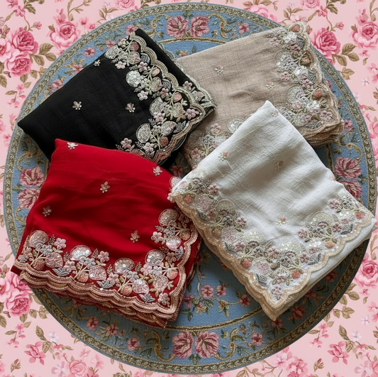 Embroidered fabrics on a decorative plate with a floral background-Multicolor 4m sequin embroidery saree with soft lightweight fabric-Premium designer sequin saree in crush silk with embroidery blouse-soft crush silk saree