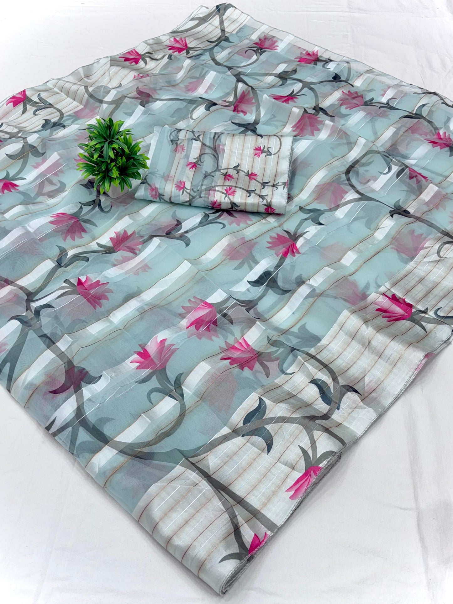 Soft organza satin patta saree with digital floral print and matching blouse-light-weight-original-pink-blue