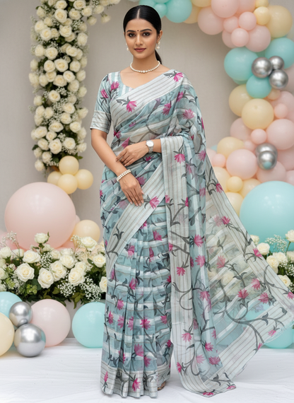 Soft organza satin patta saree with digital floral print and matching blouse-light-weight-original-blue-pink-floral design