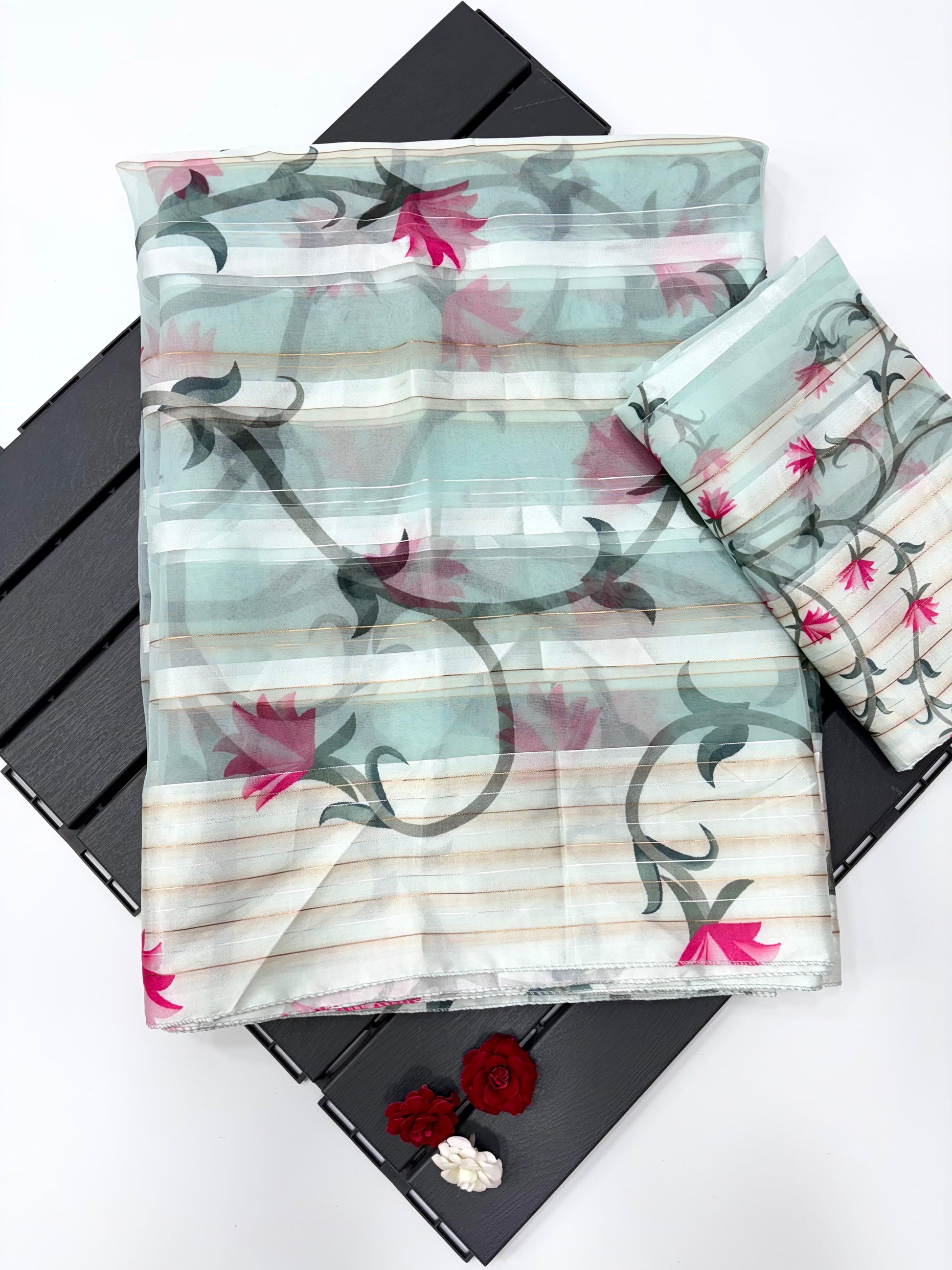 Floral patterned fabric on a black surface with a white background-Soft organza satin patta saree with digital floral print and matching blouse-light-weight-original