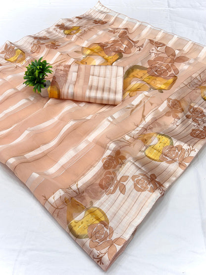 Soft organza satin patta saree with digital floral print and matching blouse-brown