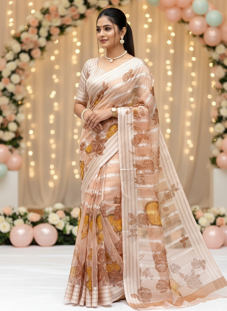 Soft organza satin patta saree with digital floral print and matching blouse