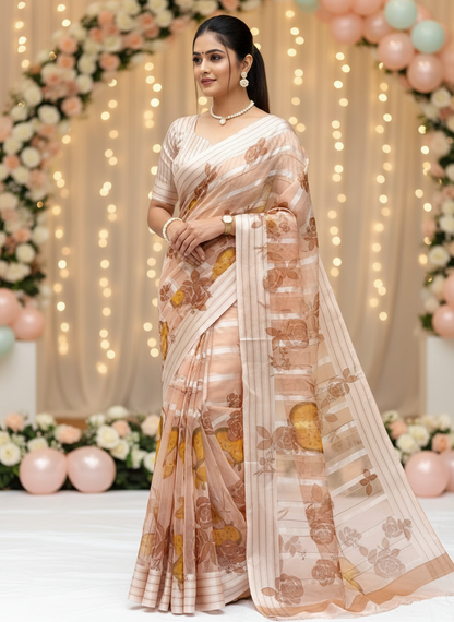 Soft organza satin patta saree with digital floral print and matching blouse
