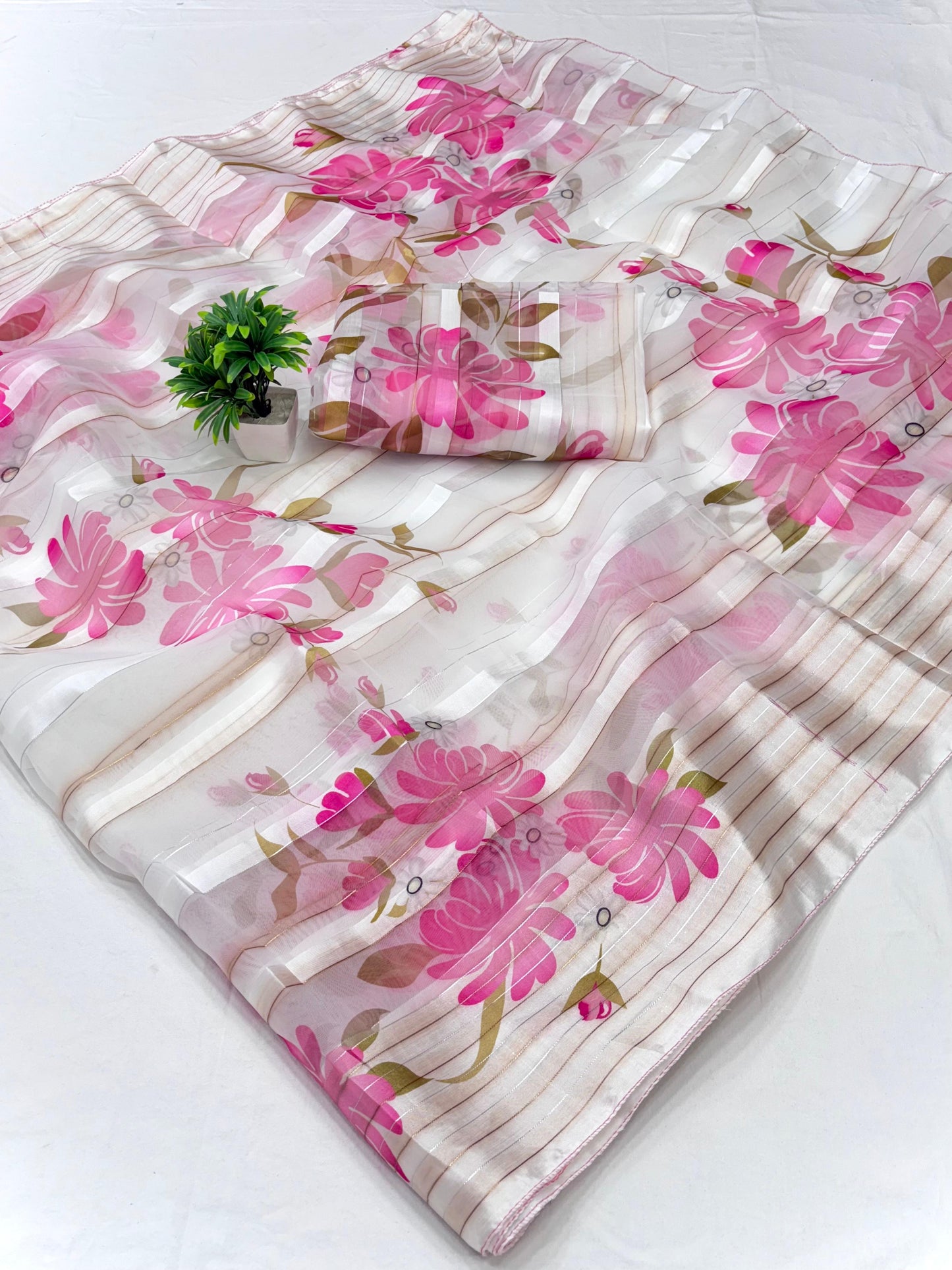 Original-Soft organza satin patta saree with digital floral print and matching blouse