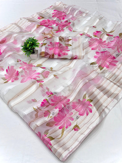 Original-Soft organza satin patta saree with digital floral print and matching blouse