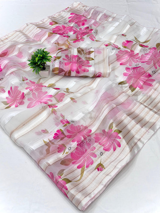 Original-Soft organza satin patta saree with digital floral print and matching blouse
