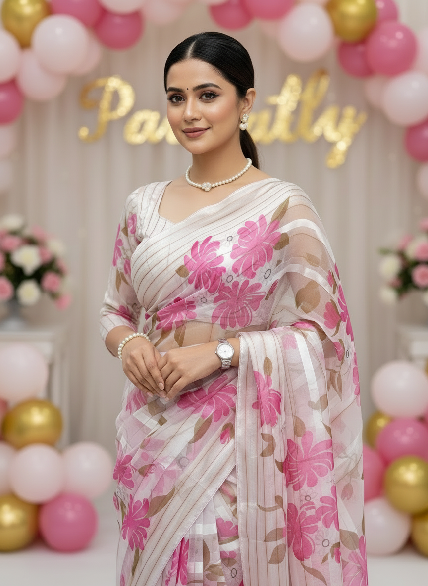 Soft organza satin patta saree with digital floral print and matching blouse-white-pink-floral-flower-design