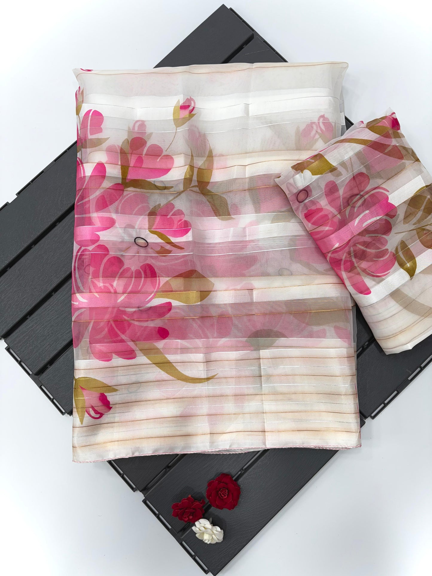 Soft organza satin patta saree with digital floral print and matching blouse-floral design-white-pink-saree