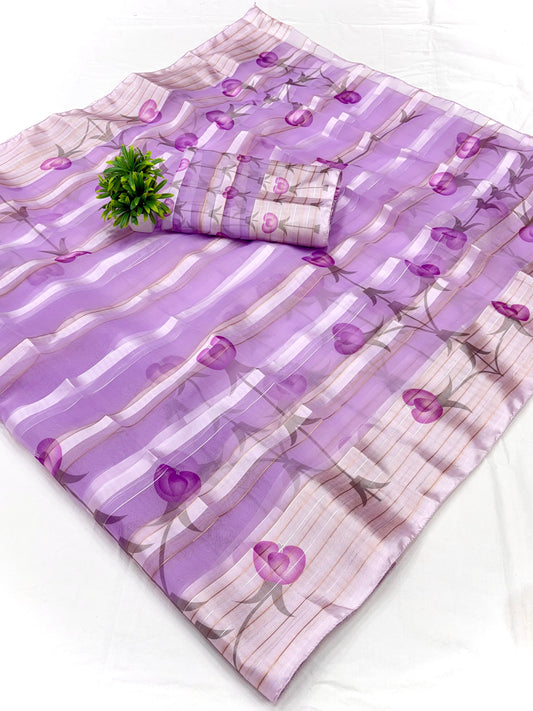 Soft organza satin patta saree with digital floral print and matching blouse-light-weight-original