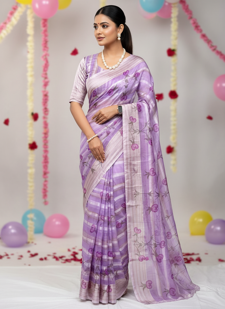 Soft organza satin patta saree with digital floral print and matching blouse-light-weight-original-lavender
