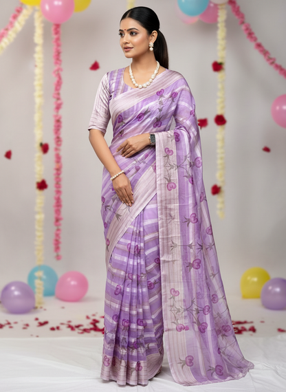 Soft organza satin patta saree with digital floral print and matching blouse-light-weight-original-lavender