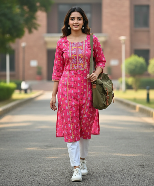Floral Embroidered Straight-Cut Kurti for Women – Daily Wear Tops-pink