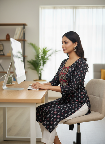 Floral Embroidered Straight-Cut Kurti for Women – Daily Wear Tops-navyblue