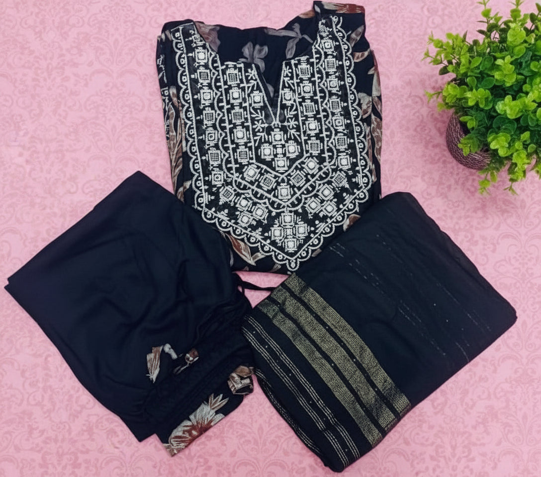 Black and white patterned fabric on a pink background with a plant-Premium Black Floral Umbrella Cut Kurti Pant Dupatta 3Pc Set for Festive Wear