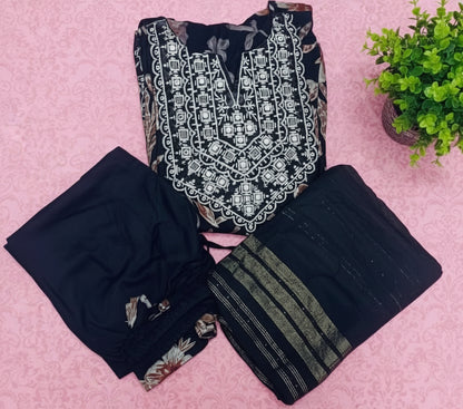 Black and white patterned fabric on a pink background with a plant-Premium Black Floral Umbrella Cut Kurti Pant Dupatta 3Pc Set for Festive Wear