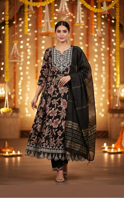 Premium Black Floral Umbrella Cut Kurti Pant Dupatta-3Pc Set for Festive Wear