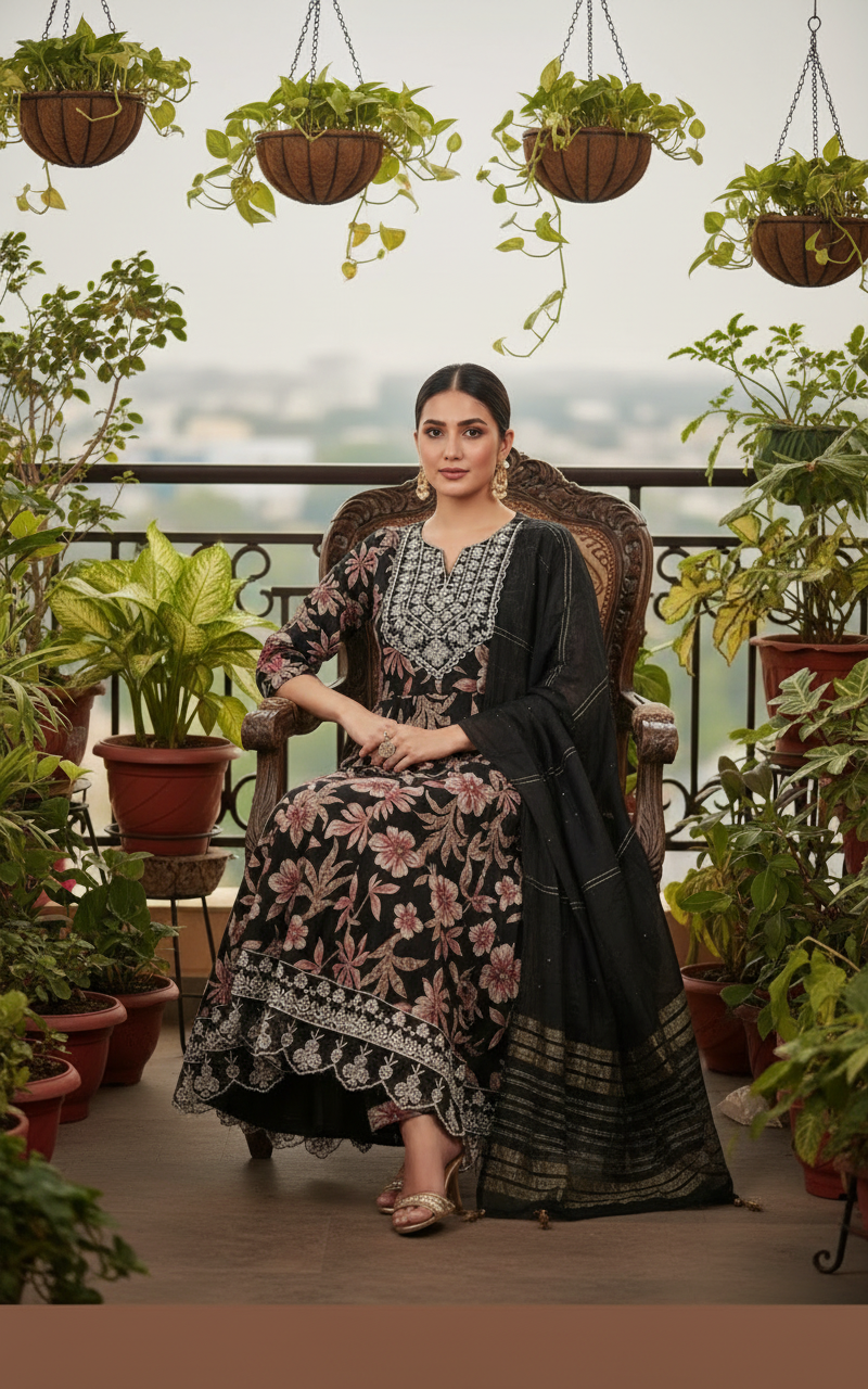 Premium Black Floral Umbrella Cut Kurti Pant Dupatta 3Pc Set for Festive Wear