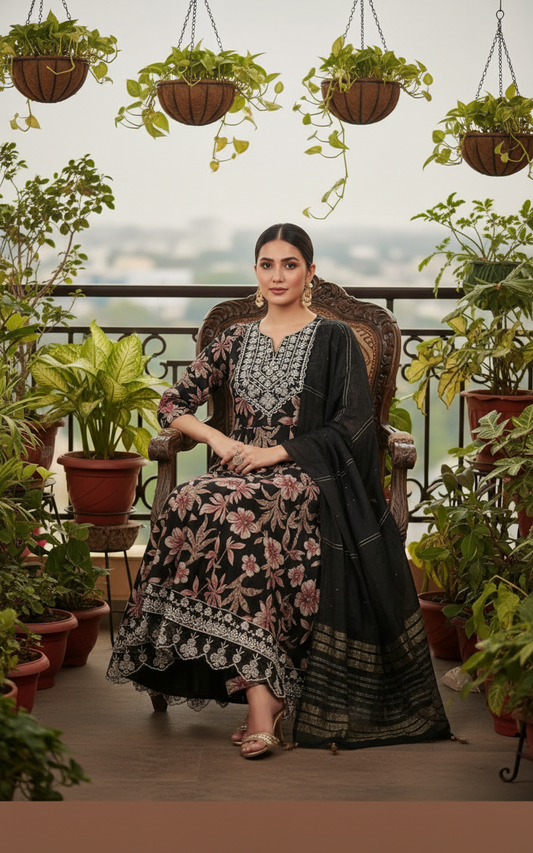 Premium Black Floral Umbrella Cut Kurti Pant Dupatta 3Pc Set for Festive Wear