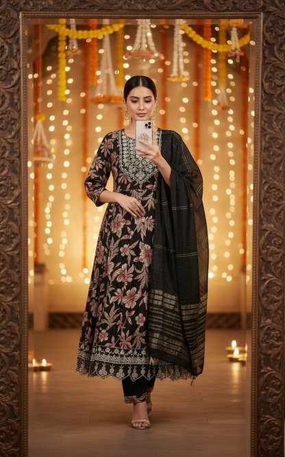 Premium Black Floral Umbrella Cut Kurti Pant Dupatta 3Pc Set for Festive Wear-Woman taking a mirror selfie wearing a black floral dress with a matching dupatta in a decorated indoor setting.