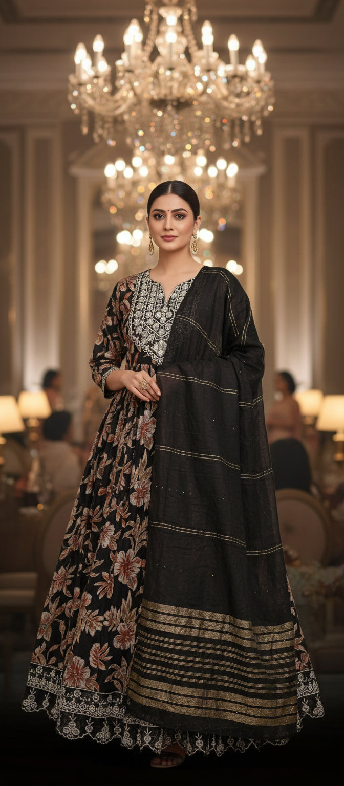 Woman in a black and floral dress standing in an elegant indoor setting with chandeliers-Premium Black Floral Umbrella Cut Kurti Pant Dupatta 3Pc Set for Festive Wear