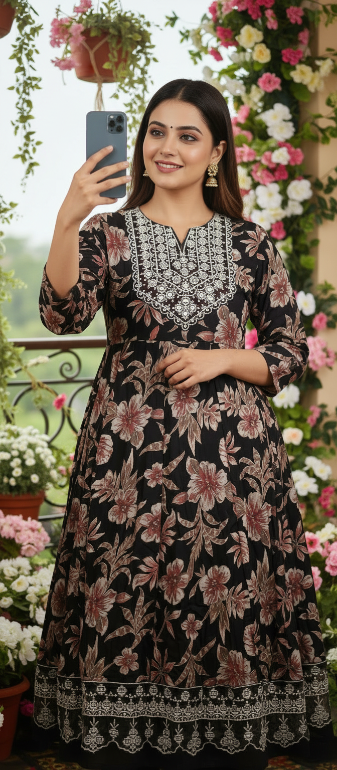 Premium Black Floral Umbrella Cut Kurti Pant Dupatta 3Pc Set for Festive Wear-Woman in a floral dress taking a selfie with flowers and greenery in the background