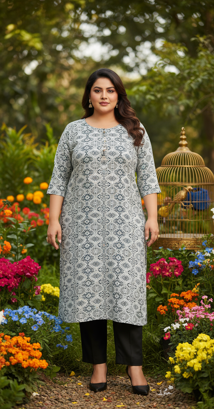 Woman in a patterned dress standing in a garden with flowers and a birdcage.
