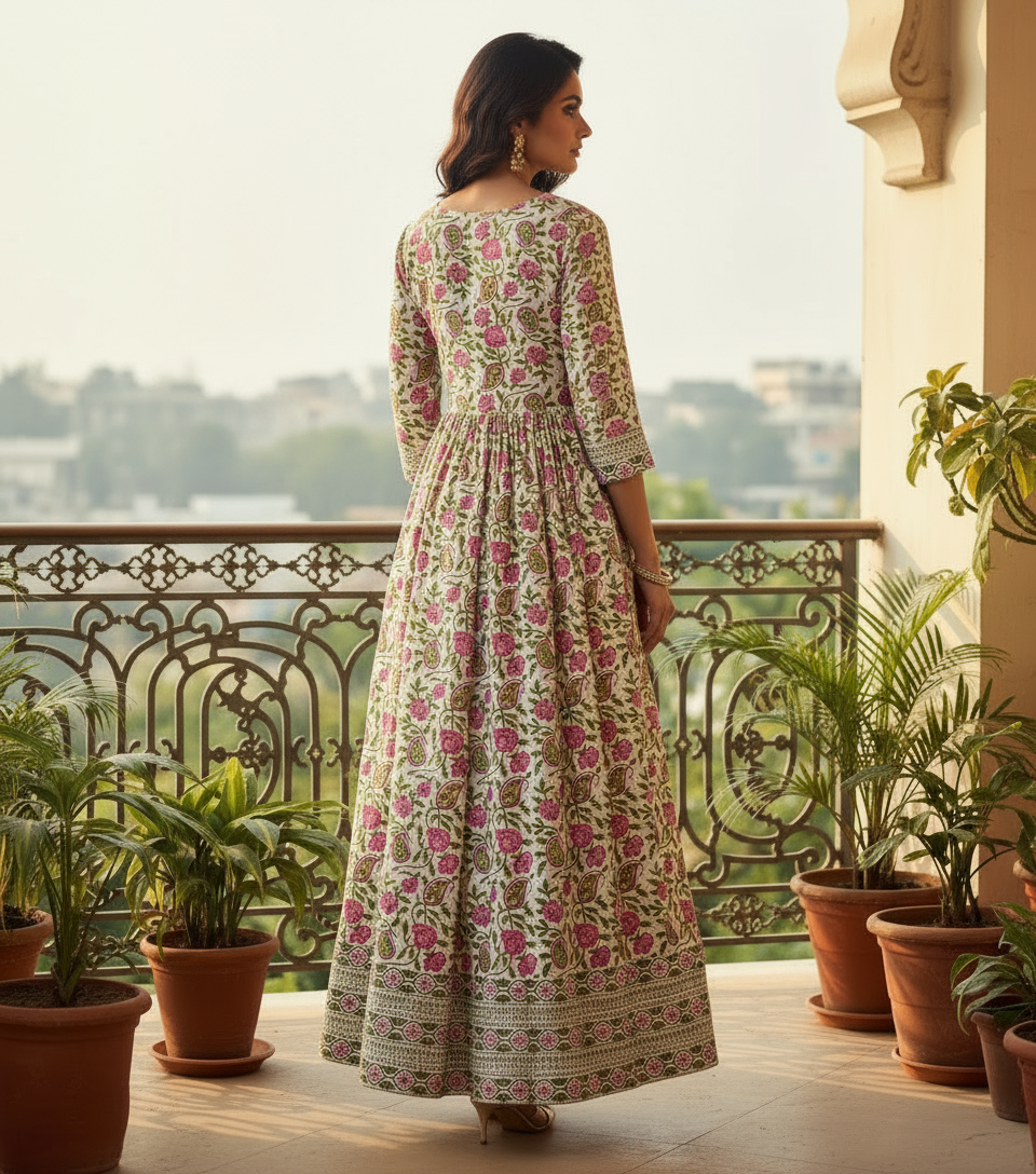 Floral Anarkali Long Gown with Aliya Cut in Soft Cotton – Front & Back Floral Pattern-multi-colour