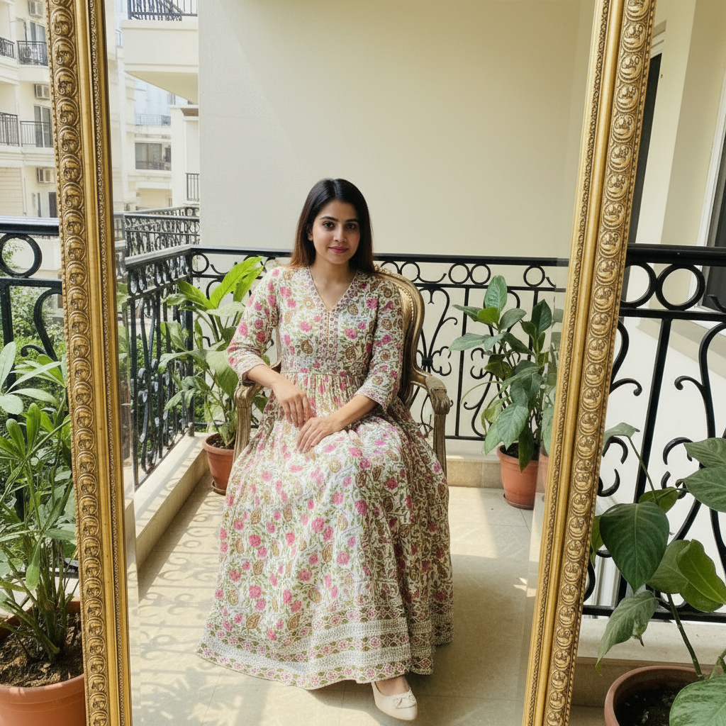 Floral Anarkali Long Gown with Aliya Cut in Soft Cotton – Front & Back Floral Pattern