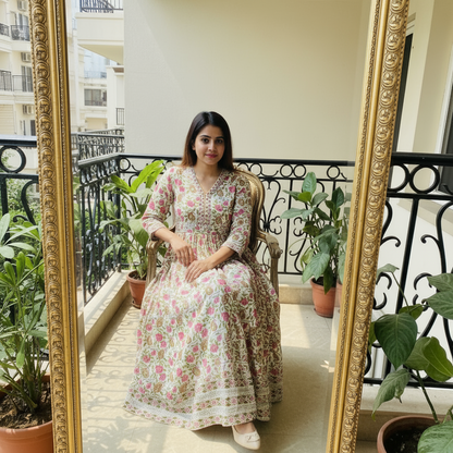 Floral Anarkali Long Gown with Aliya Cut in Soft Cotton – Front & Back Floral Pattern