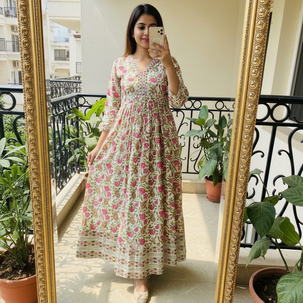 Floral Anarkali Long Gown with Aliya Cut in Soft Cotton – Front & Back Floral Pattern-multicolor