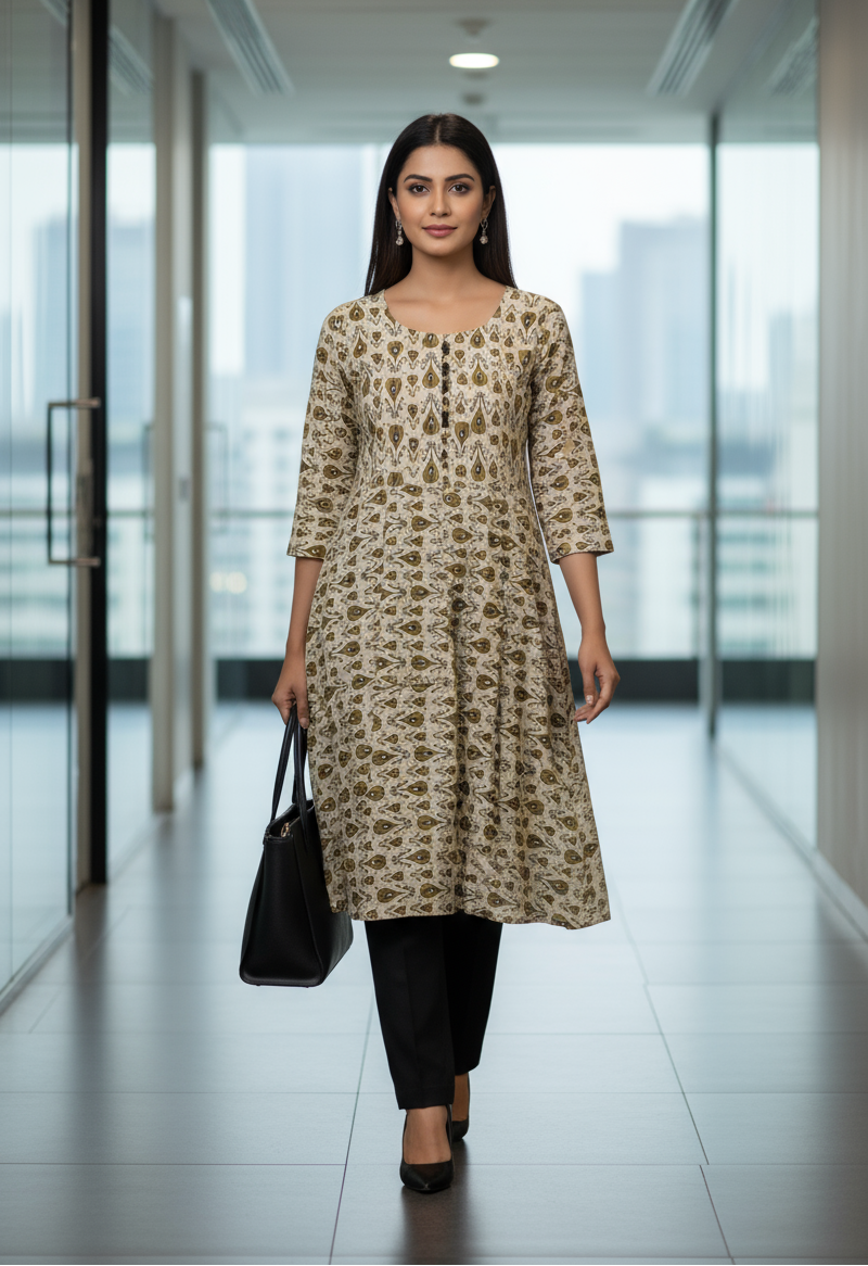 Woman in a patterned dress walking in an office hallway