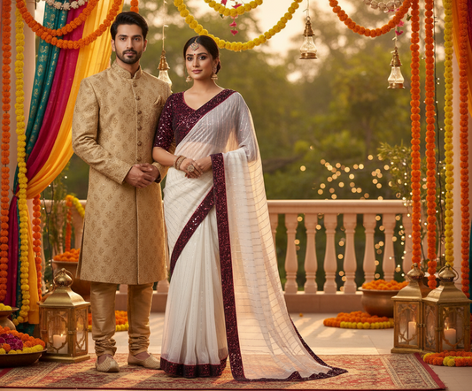 Man and woman in traditional attire standing in a decorated outdoor setting with flowers and lanterns.