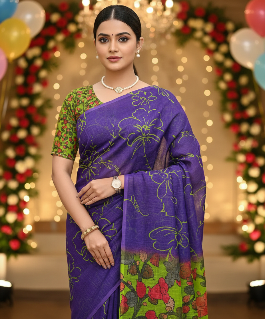 Woman wearing a purple and green saree with festive decorations in the background-Soft linen cotton saree with simple classy drape – everyday ethnic wear