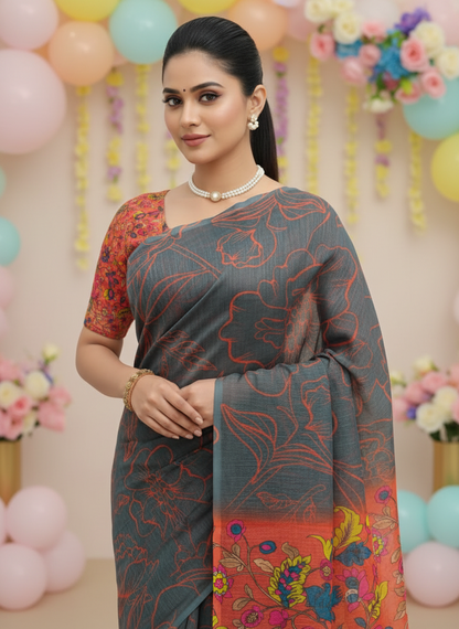 Woman in a saree with floral patterns against a decorated background with balloons and flowers-Soft linen cotton saree with simple classy drape – everyday ethnic wear