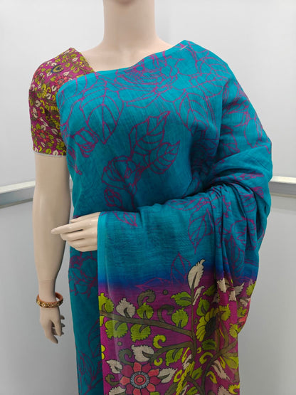 Lightweight Linen Cotton Saree for office and daily wear – soft breathable fabric-BLUE